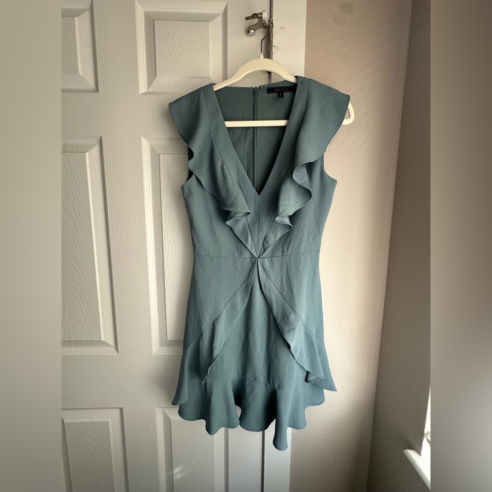 BCBGMaxAzria Ruffled V-Neck Mini Dress in Soft Blue
